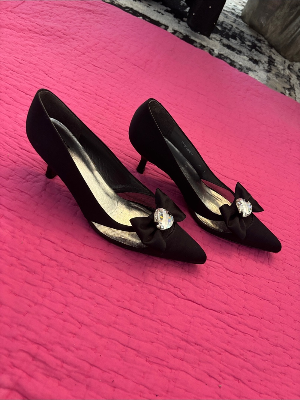 Stuart Weitzman Black Satin Pointed Toe Kitten Heels with Bow and Crystal, US9